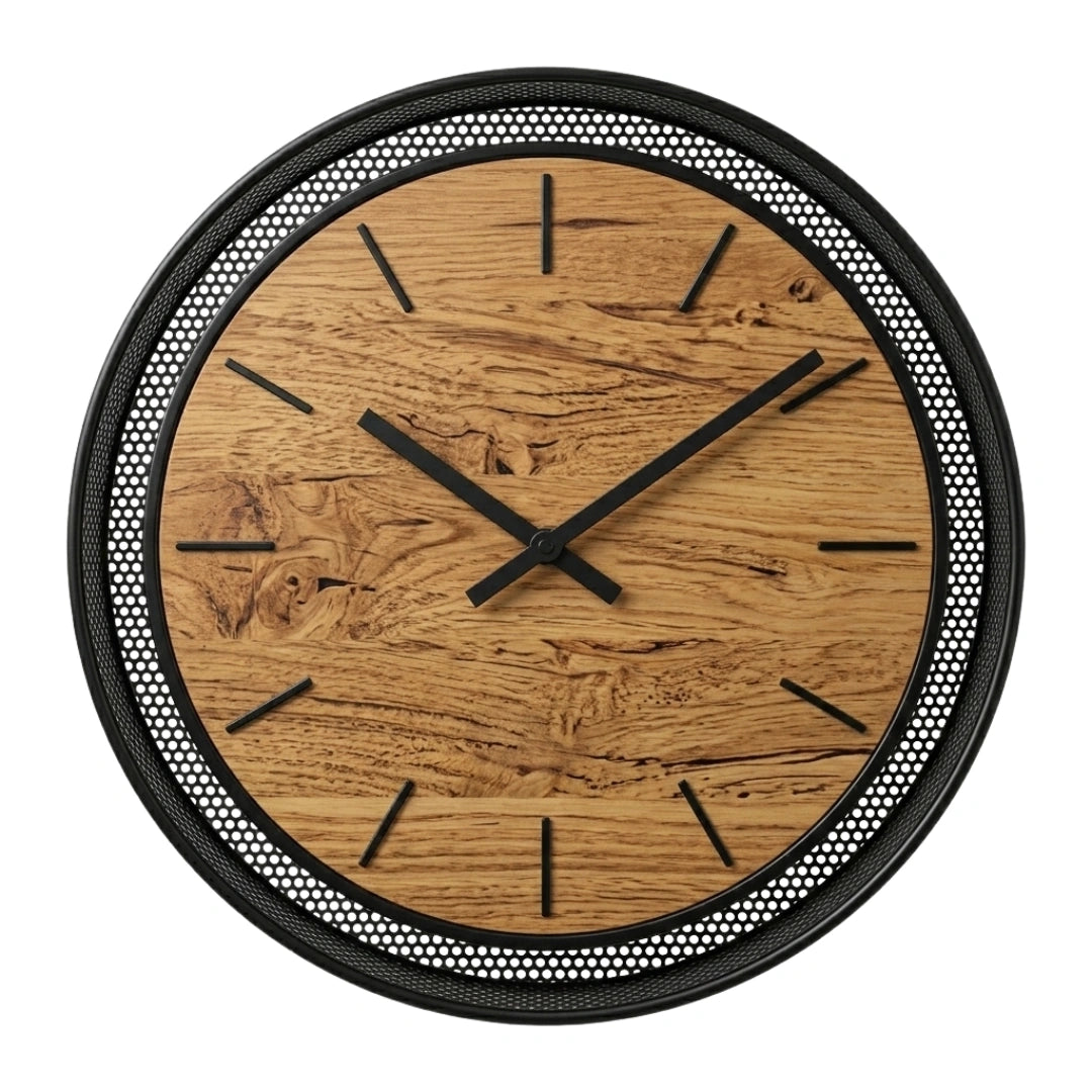 Devar Industrial Round Wall Clock - Natural Bamboo Face with Black Metal Mesh