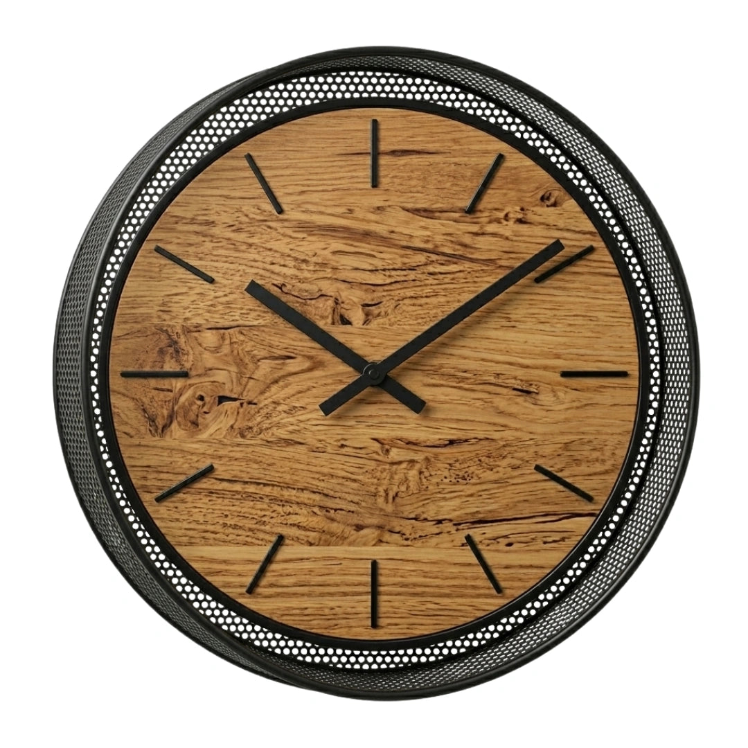 Devar Industrial Round Wall Clock - Natural Bamboo Face with Black Metal Mesh