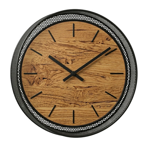 Devar Industrial Round Wall Clock - Natural Bamboo Face with Black Metal Mesh