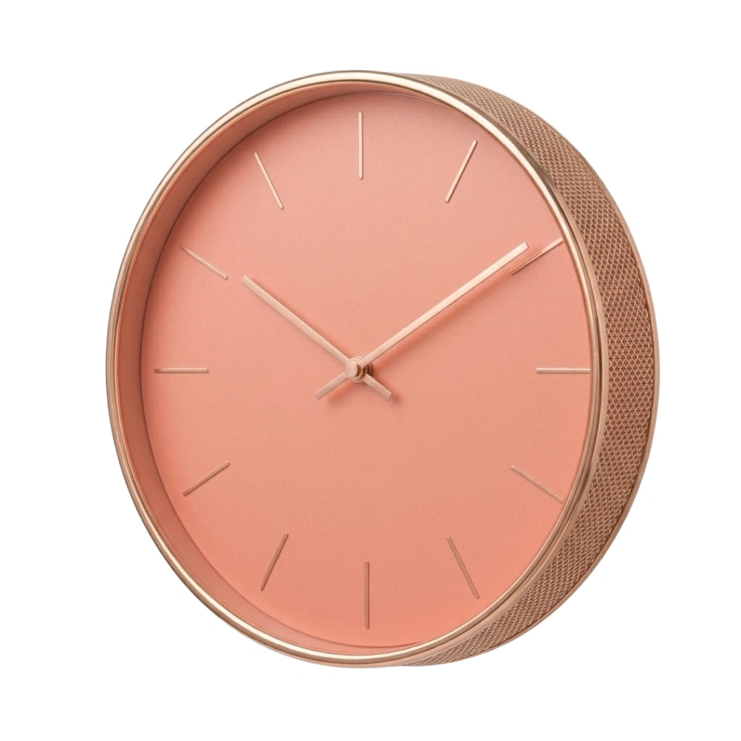 Devar Modern Minimalist Round Wall Clock - Soft Coral Pink & Rose Gold Rim