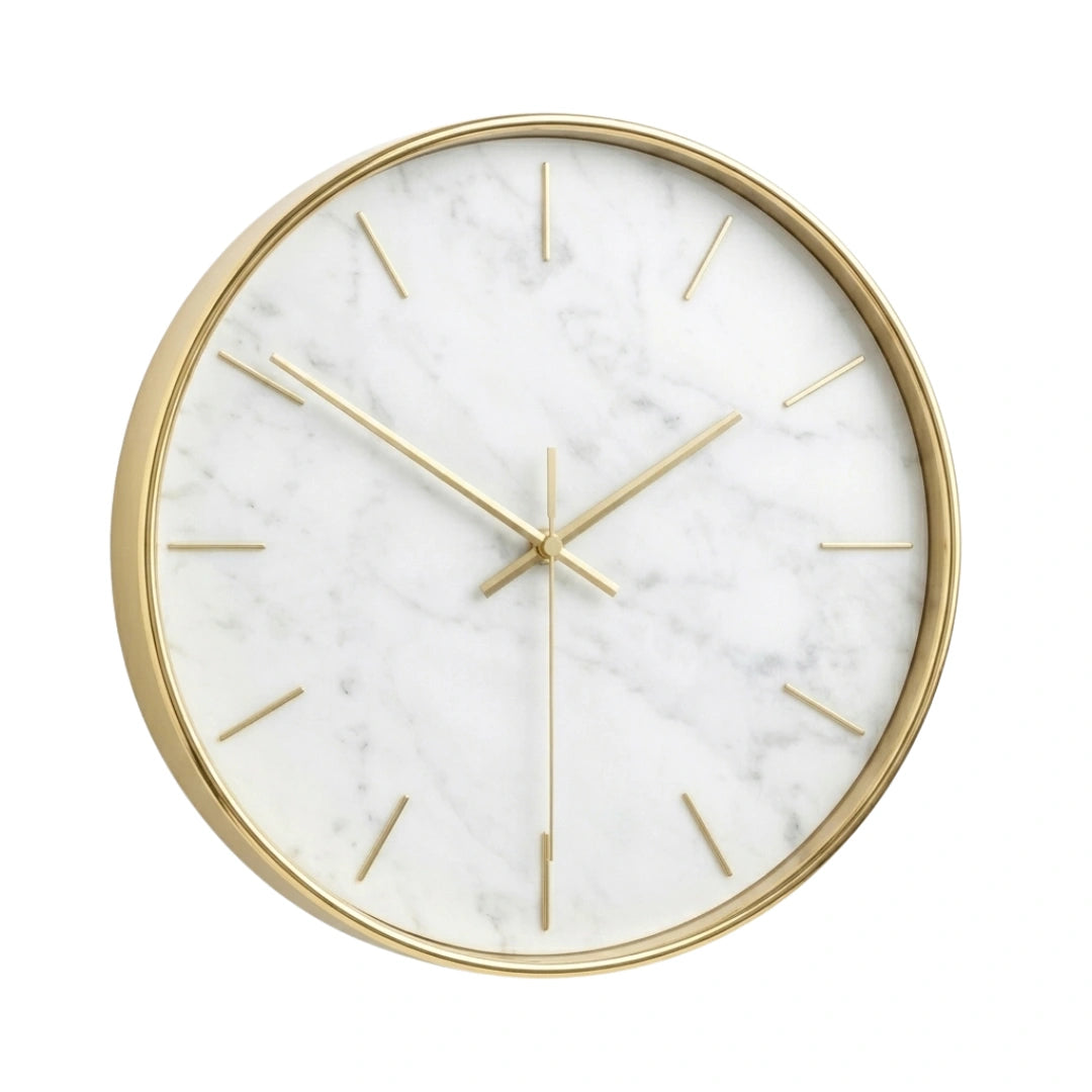 Devar Modern Minimalist Carrara Marble Wall Clock - Round Gold Rim & Indices