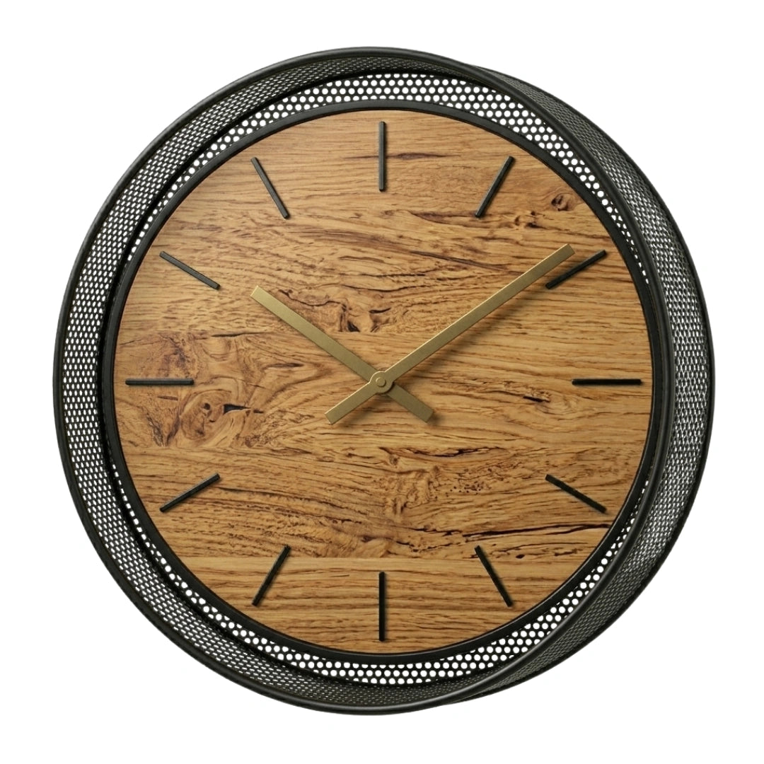 Devar Industrial Round Wall Clock - Natural Bamboo Face with Black Metal Mesh