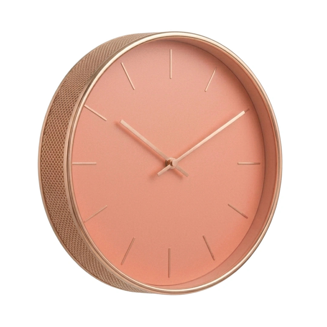 Devar Modern Minimalist Round Wall Clock - Soft Coral Pink & Rose Gold Rim
