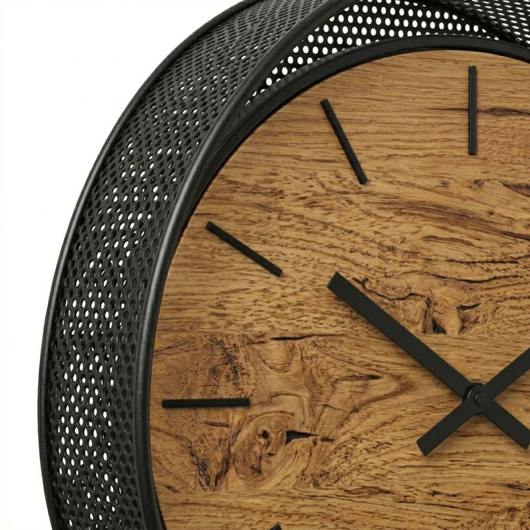 Devar Industrial Round Wall Clock - Natural Bamboo Face with Black Metal Mesh