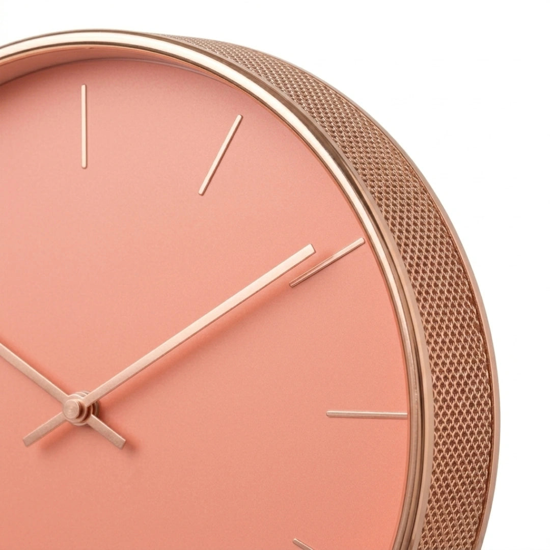 Devar Modern Minimalist Round Wall Clock - Soft Coral Pink & Rose Gold Rim