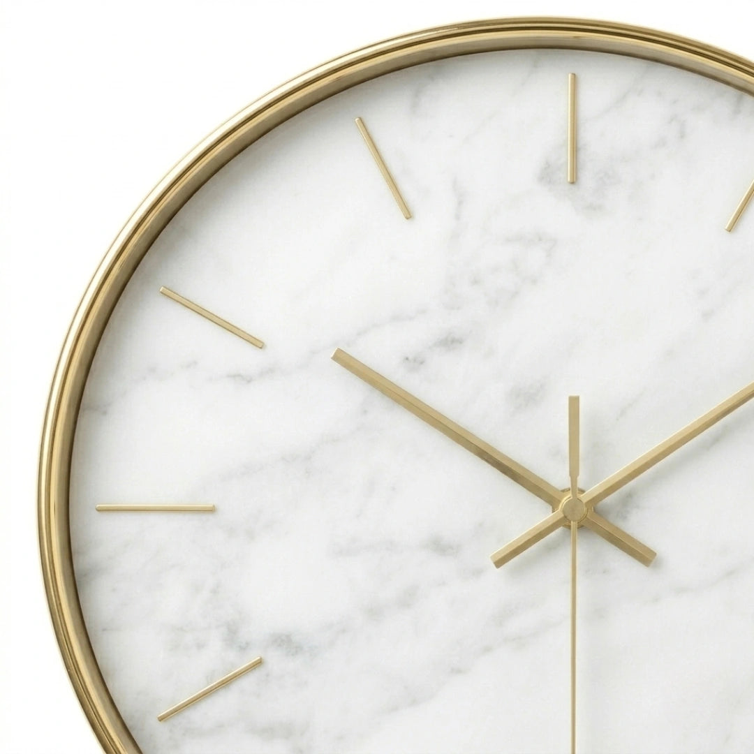 Devar Modern Minimalist Carrara Marble Wall Clock - Round Gold Rim & Indices