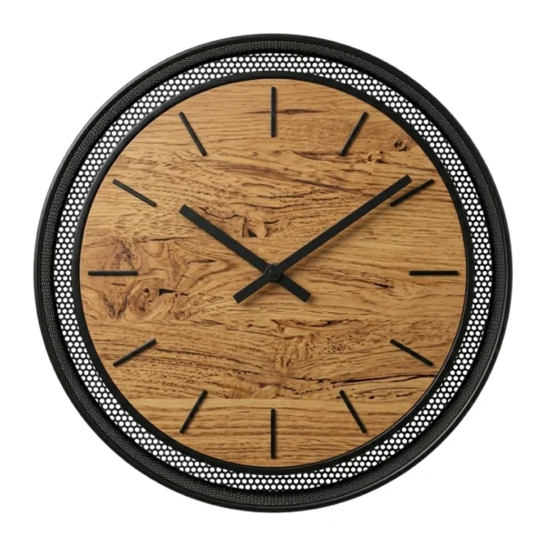 Devar Industrial Round Wall Clock - Natural Bamboo Face with Black Metal Mesh