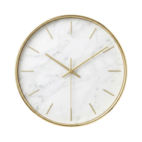 Devar Modern Minimalist Carrara Marble Wall Clock - Round Gold Rim & Indices